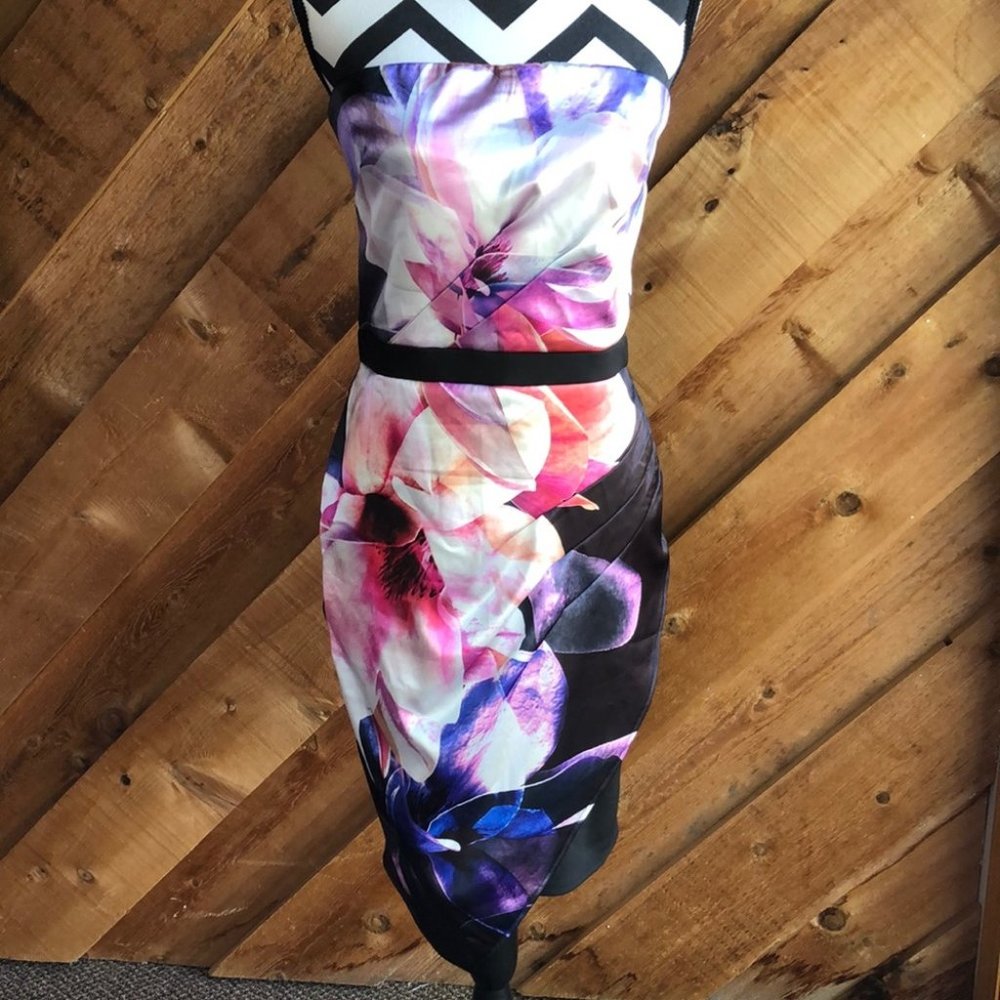 Lipsy Strapless Dress with Black and Floral Design
